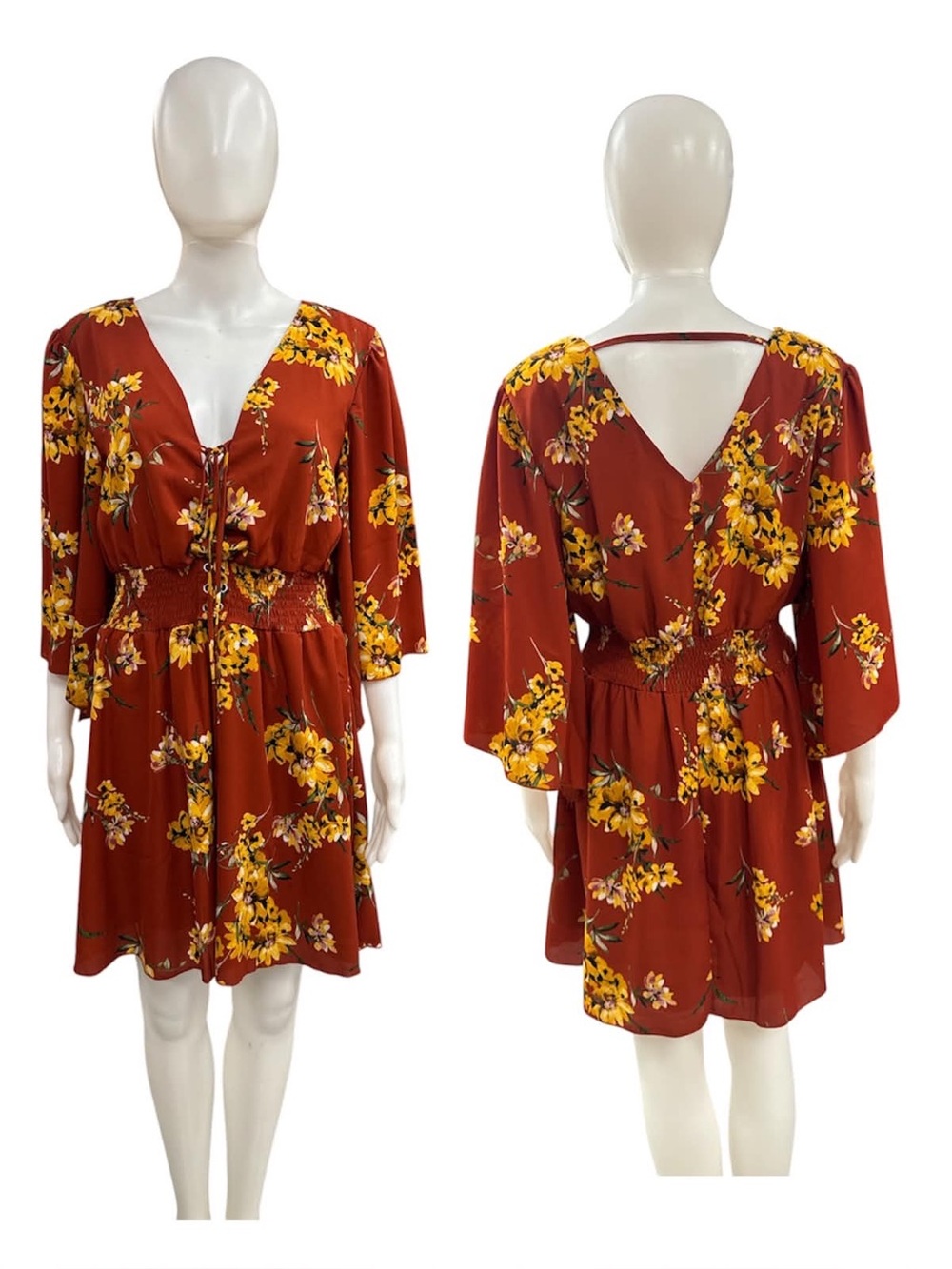 bailey blue Rust Floral Tie-Front Mini Dress with Yellow Blooms Size L